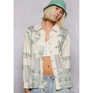 POL. 💚 Cream and Green Patchwork Button-Up Shacket With Mesh Detailing